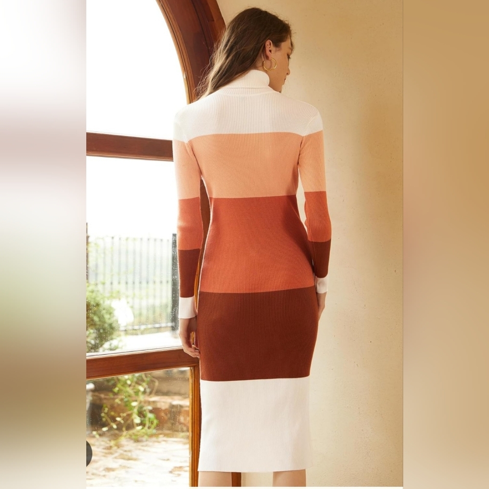 Rocorose Sweater Dress Midi Colorblock Stretch Bodycon Ribbed Knit Turtleneck M - Picture 15 of 15